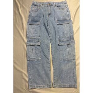 Manfinity Mens Light Wash Blue Denim Multi Pocket Cargo Jeans Size L Streetwear
